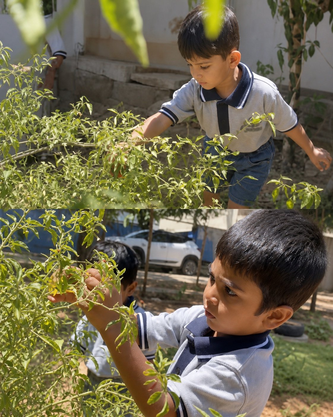 Children noticing soil and leaves together